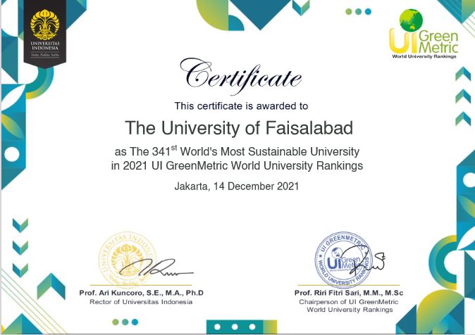 The University of Faisalabad is declared as 341st Most Sustainable University as per the UI GreenMetric World University Rankings-2021. TUF also Secured 9th Position amongst all Universities
