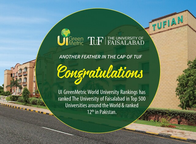 UI GreenMetric World University Rankings has ranked The University of Faisalabad in the Top 500 Universities around the World & ranked 12th in Pakistan.