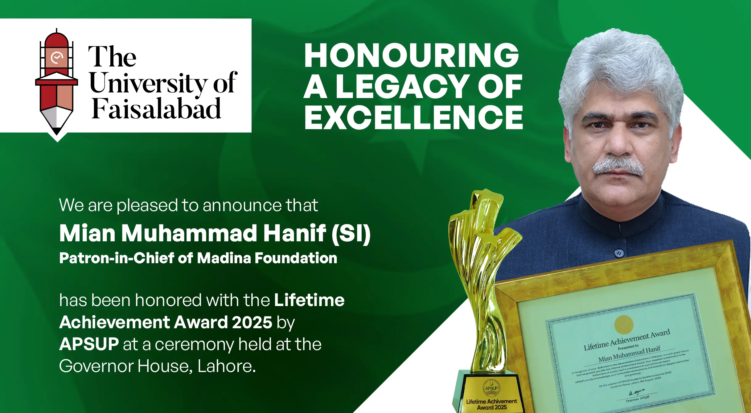 Mian Muhammad Hanif (SI), Patron-in-Chief, Madinah Foundation, Honored with Lifetime Achievement Award