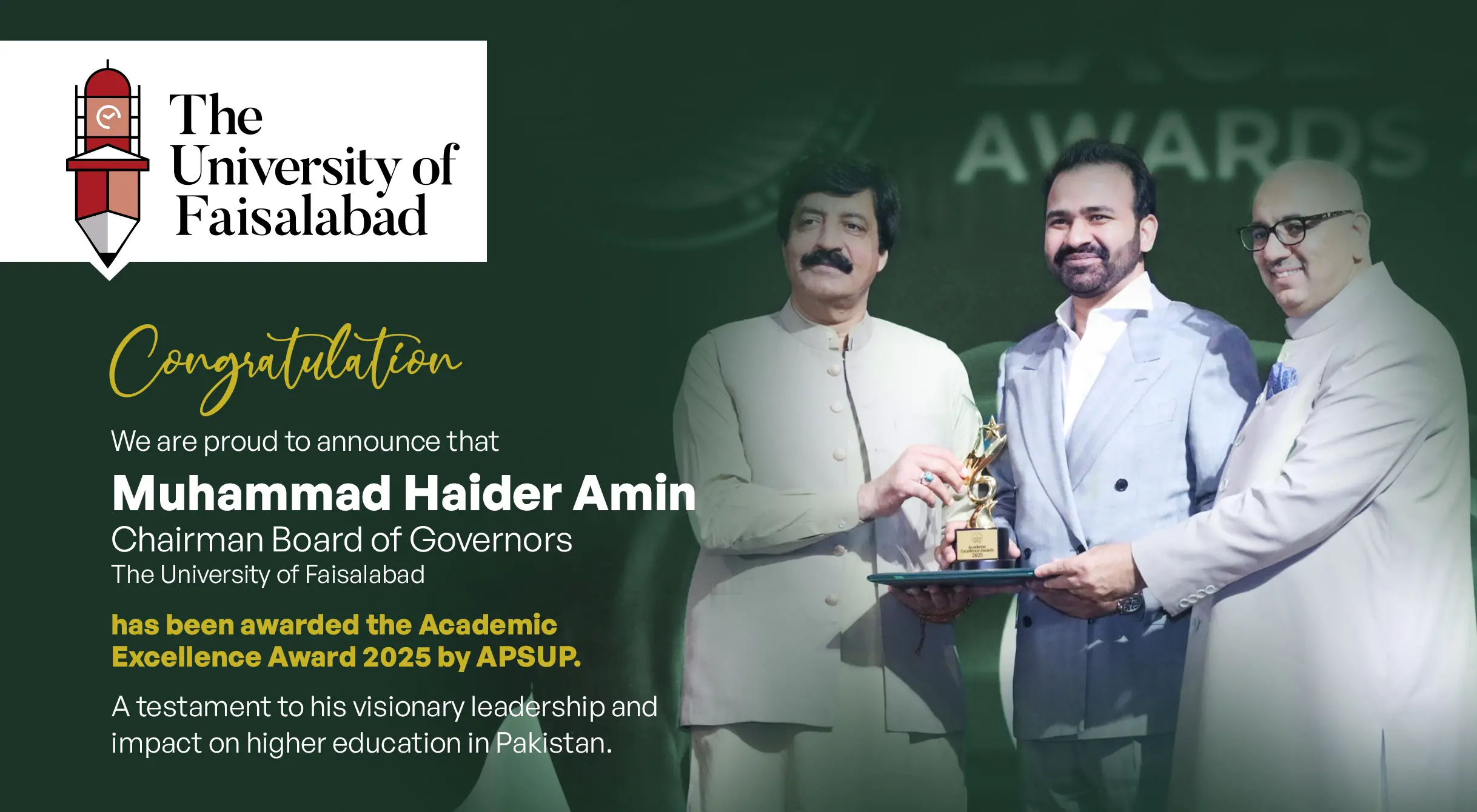 Chairman Board of Governors, TUF, has been honoured with the APSUP Academic Excellence Award