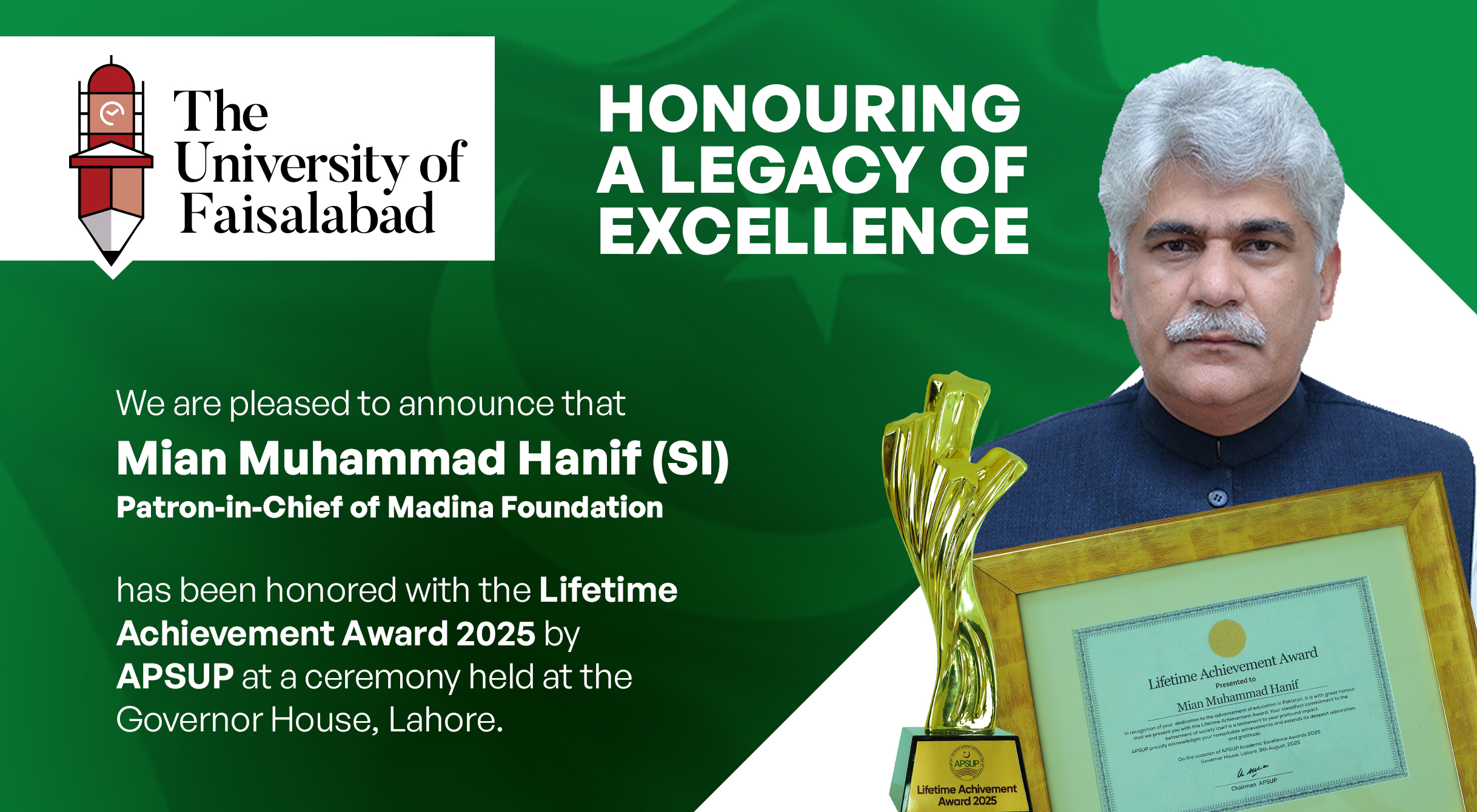 Mian Muhammad Hanif (SI), Patron-in-Chief, Madinah Foundation, Honored with Lifetime Achievement Award